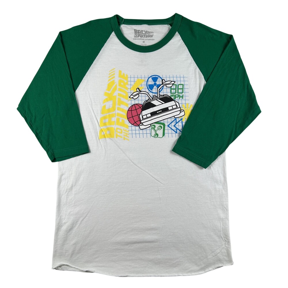 Back To The Future Shirt Mens Medium Green White Raglan Graphic 3/4 Sleeve Tee